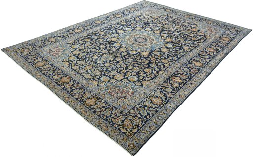 Corner detail of 2000s Kashan rug showing border pattern and Wool pile
