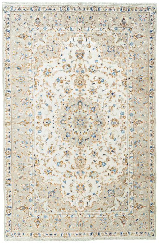 Full view of New Kashan rug from Iran / Persia, 303 × 196 cm in Beige tones