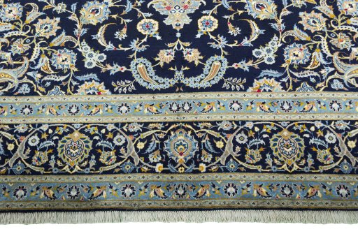 Full view of 2000s Kashan rug from Iran / Persia, 410 × 302 cm in Blue tones