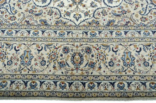 Full view of 2000s Kashan rug from Iran / Persia, 490 × 336 cm in Beige tones