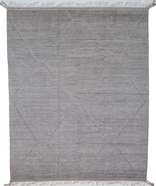 Full view of New Morocco rug from Pakistan, 311 × 251 cm in Gray tones