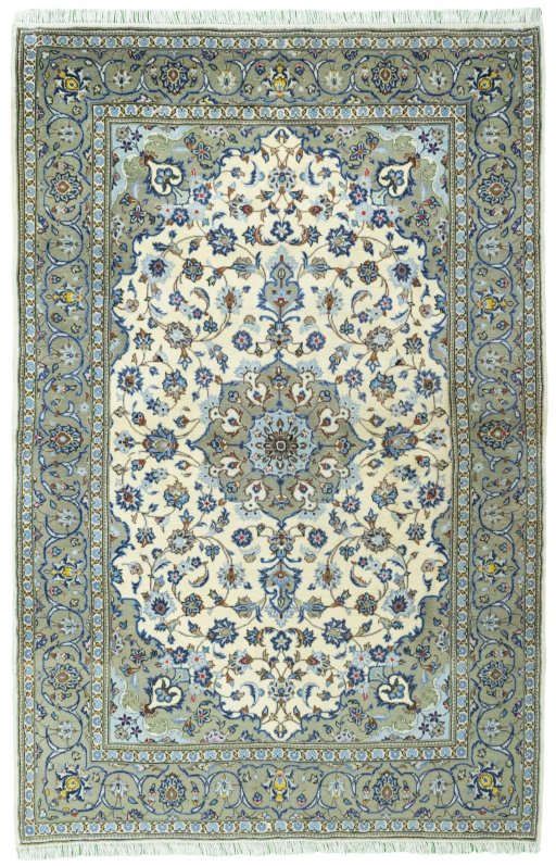 Full view of 2000s Kashan rug from Iran / Persia, 219 × 144 cm in Beige tones