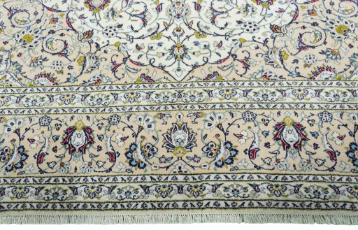 Full view of 2000s Kashan rug from Iran / Persia, 395 × 295 cm in Beige tones