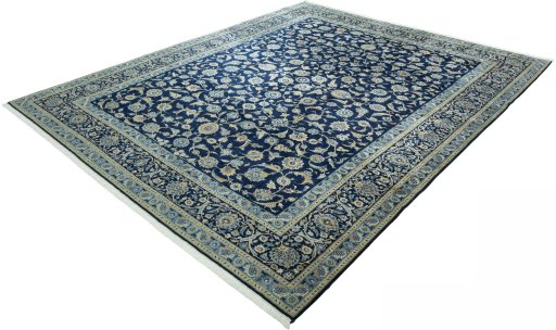 Corner detail of 2000s Kashan rug showing border pattern and Wool pile