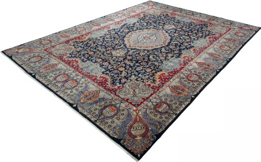 Corner detail of 1970s Kashmar rug showing border pattern and Wool pile