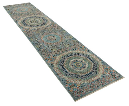 Corner detail of New Mamluk rug showing border pattern and Wool pile