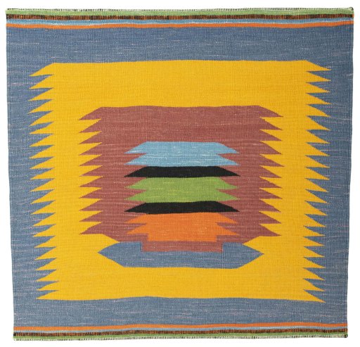 Full view of New Kilim Sofre rug from Turkey, 108 × 110 cm in Multi Color tones