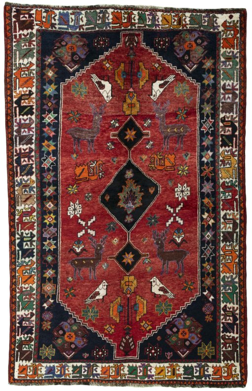 Full view of 2000s Shiraz rug from Iran / Persia, 267 × 169 cm in Red tones
