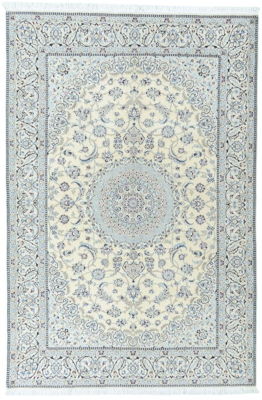 Full view of 2000s Nain rug from Iran / Persia, 302 × 203 cm in Beige tones
