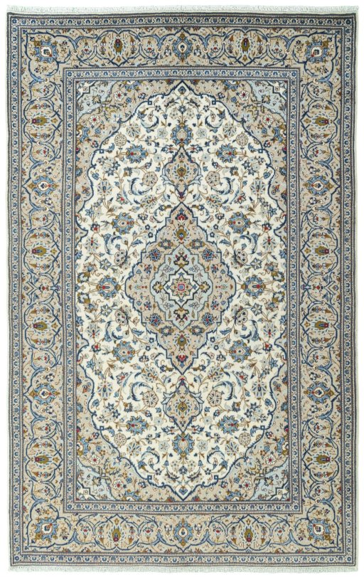 Full view of 2000s Kashan rug from Iran / Persia, 312 × 196 cm in Beige tones