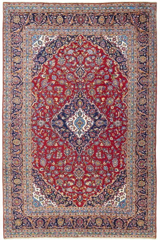 Full view of 2000s Kashan rug from Iran / Persia, 383 × 253 cm in Red tones