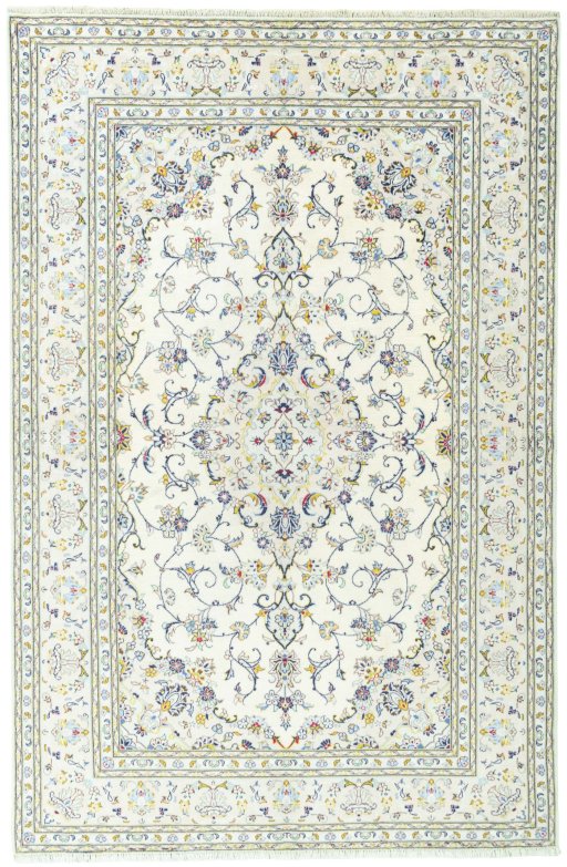 Full view of New Kashan rug from Iran / Persia, 303 × 199 cm in Beige tones