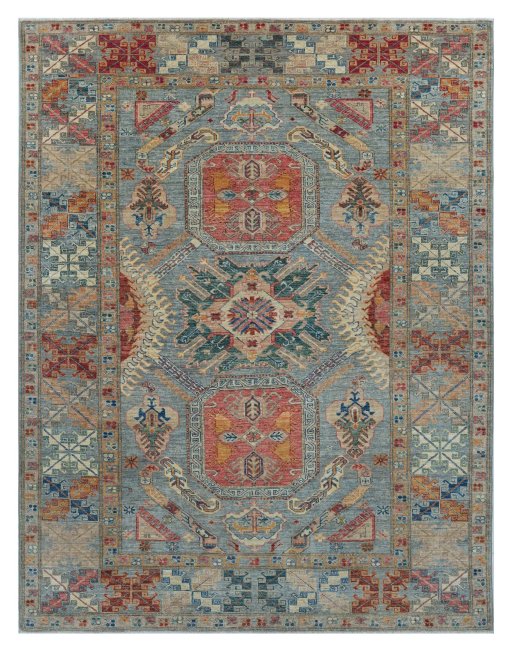 Full view of New Kazak rug from Pakistan, 269 × 202 cm in Gray tones