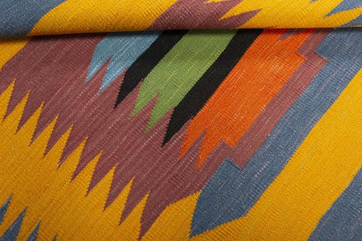 Full view of New Kilim Sofre rug from Turkey, 108 × 110 cm in Multi Color tones
