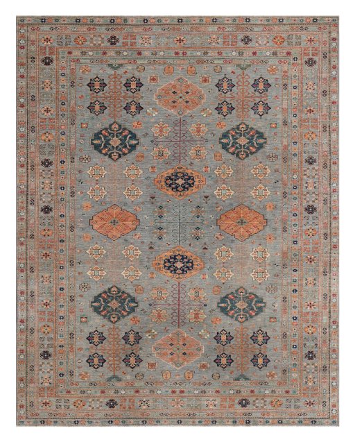 Full view of New Kazak rug from Pakistan, 459 × 360 cm in Gray tones