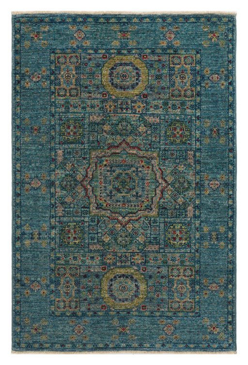 Full view of New Mamluk rug from Pakistan, 125 × 81 cm in Blue tones