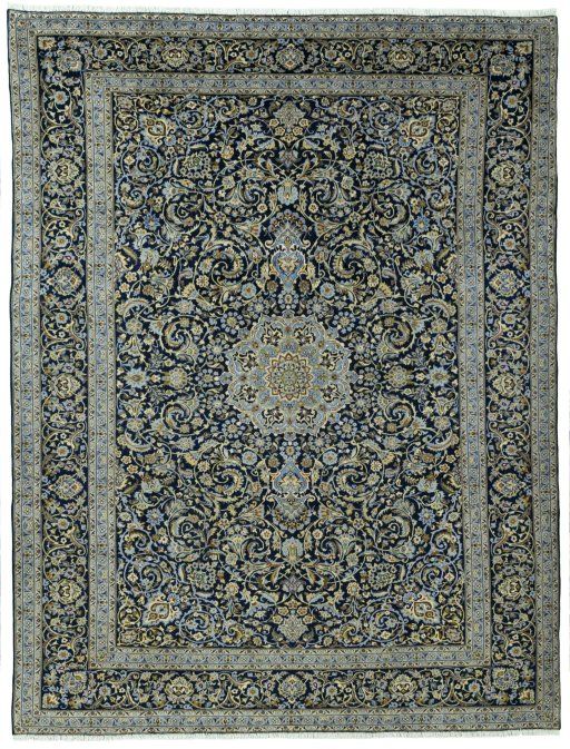 Full view of New Kashan rug from Iran / Persia, 326 × 248 cm in Blue tones