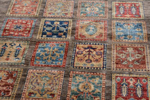 Backside of handmade New Bakhtiari rug showing knot structure and weave density