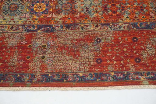 Full view of New Mamluk rug from Pakistan, 359 × 269 cm in Red tones