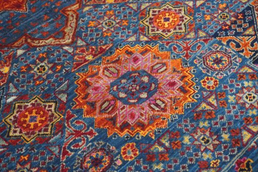 Corner detail of New Mamluk rug showing border pattern and Wool pile