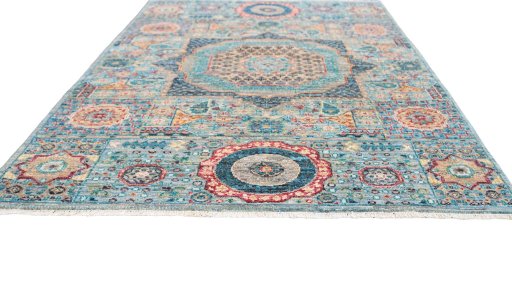 Corner detail of New Mamluk rug showing border pattern and Wool pile