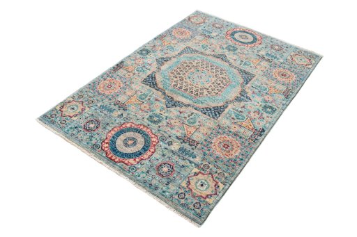 Corner detail of New Mamluk rug showing border pattern and Wool pile