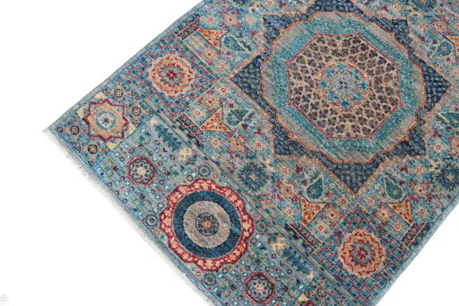 Full view of New Mamluk rug from Pakistan, 123 × 80 cm in Multi Color tones