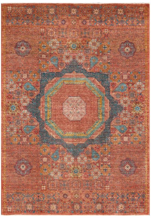Full view of New Mamluk rug from Pakistan, 242 × 170 cm in Yellow tones