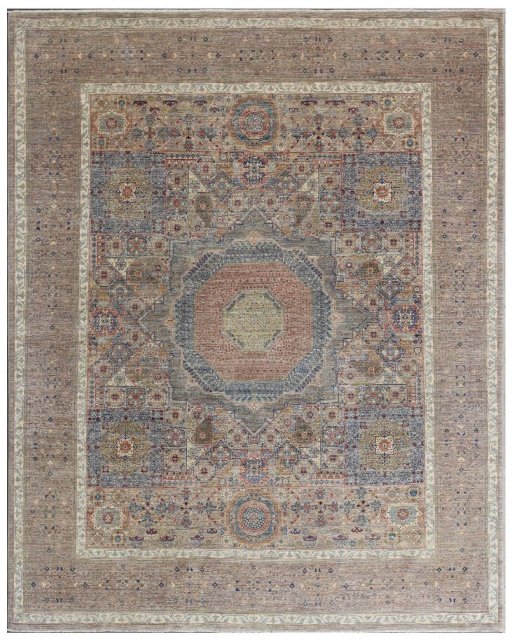 Full view of New Mamluk rug from Pakistan, 304 × 242 cm in Beige tones