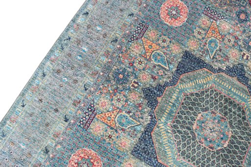 Backside of handmade New Mamluk rug showing knot structure and weave density
