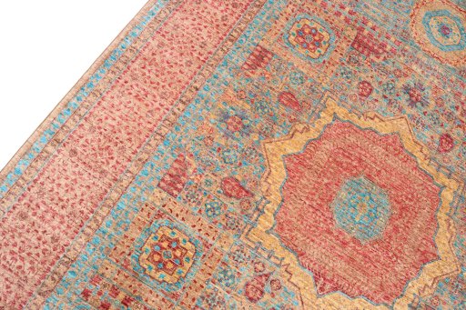 Backside of handmade New Mamluk rug showing knot structure and weave density