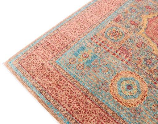 Full view of New Mamluk rug from Pakistan, 296 × 206 cm in Red tones