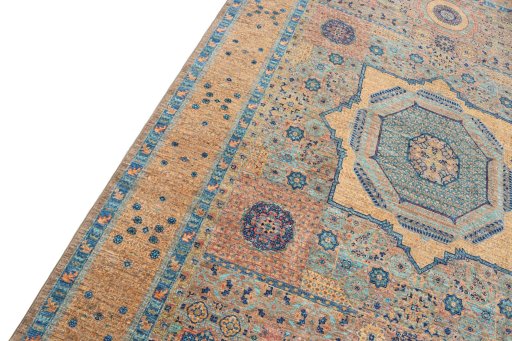 Backside of handmade New Mamluk rug showing knot structure and weave density