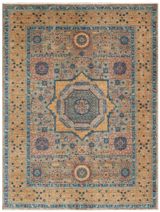 Full view of New Mamluk rug from Pakistan, 199 × 149 cm in Yellow tones