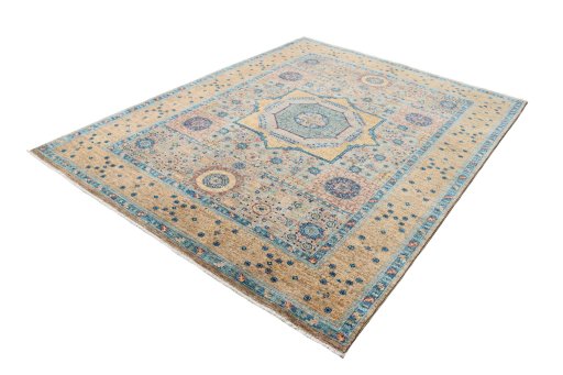 Corner detail of New Mamluk rug showing border pattern and Wool pile