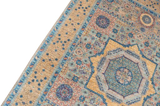 Backside of handmade New Mamluk rug showing knot structure and weave density