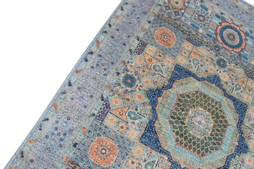 Backside of handmade New Mamluk rug showing knot structure and weave density