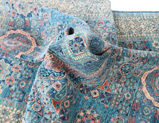 Backside of handmade New Mamluk rug showing knot structure and weave density