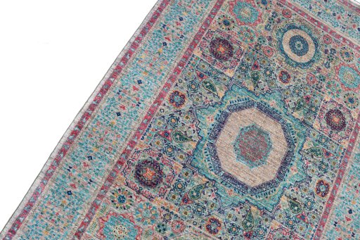 Backside of handmade New Mamluk rug showing knot structure and weave density