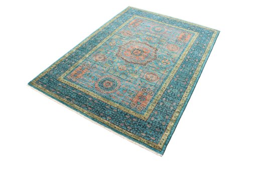 Corner detail of New Mamluk rug showing border pattern and Wool pile