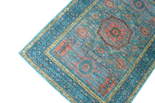 Full view of New Mamluk rug from Pakistan, 147 × 103 cm in Green tones