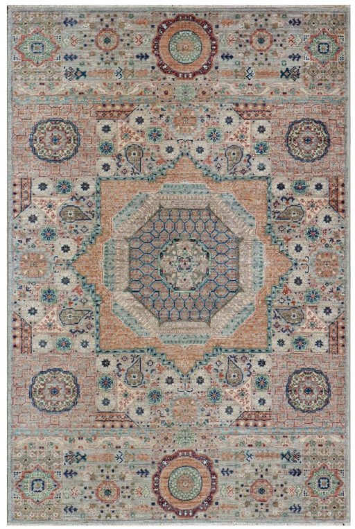 Full view of New Mamluk rug from Pakistan, 153 × 101 cm in Beige tones