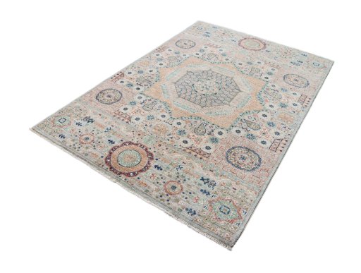 Corner detail of New Mamluk rug showing border pattern and Wool pile
