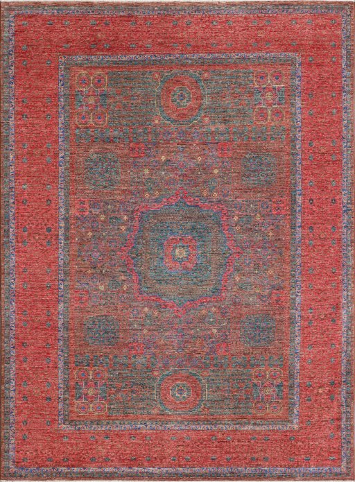 Full view of New Mamluk rug from Pakistan, 232 × 171 cm in Red tones