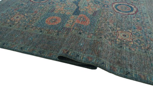 Full view of New Mamluk rug from Pakistan, 302 × 206 cm in Green tones