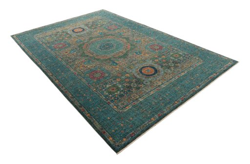 Corner detail of New Mamluk rug showing border pattern and Wool pile