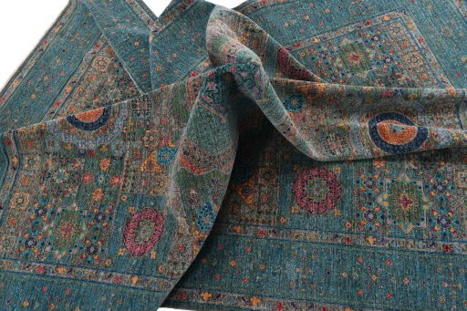Full view of New Mamluk rug from Pakistan, 295 × 199 cm in Multi Color tones