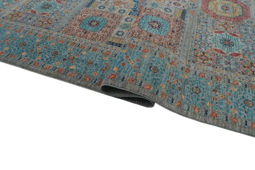 Full view of New Mamluk rug from Pakistan, 296 × 200 cm in Multi Color tones