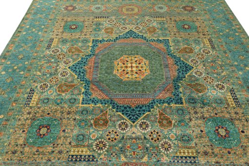 Backside of handmade New Mamluk rug showing knot structure and weave density