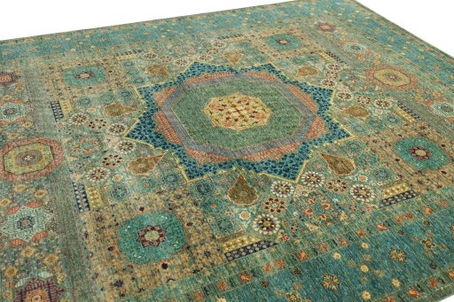 Full view of New Mamluk rug from Pakistan, 305 × 246 cm in Multi Color tones